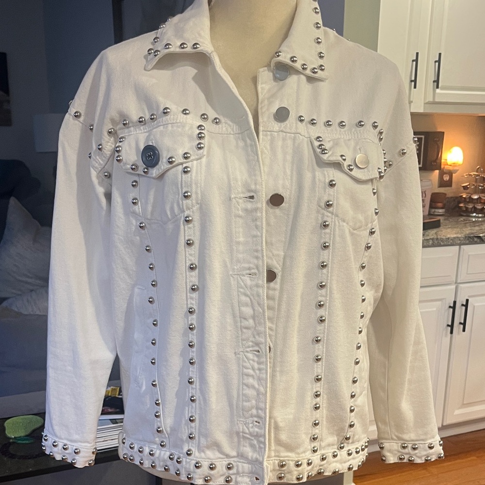 Studded White Denim Jacket Oversized